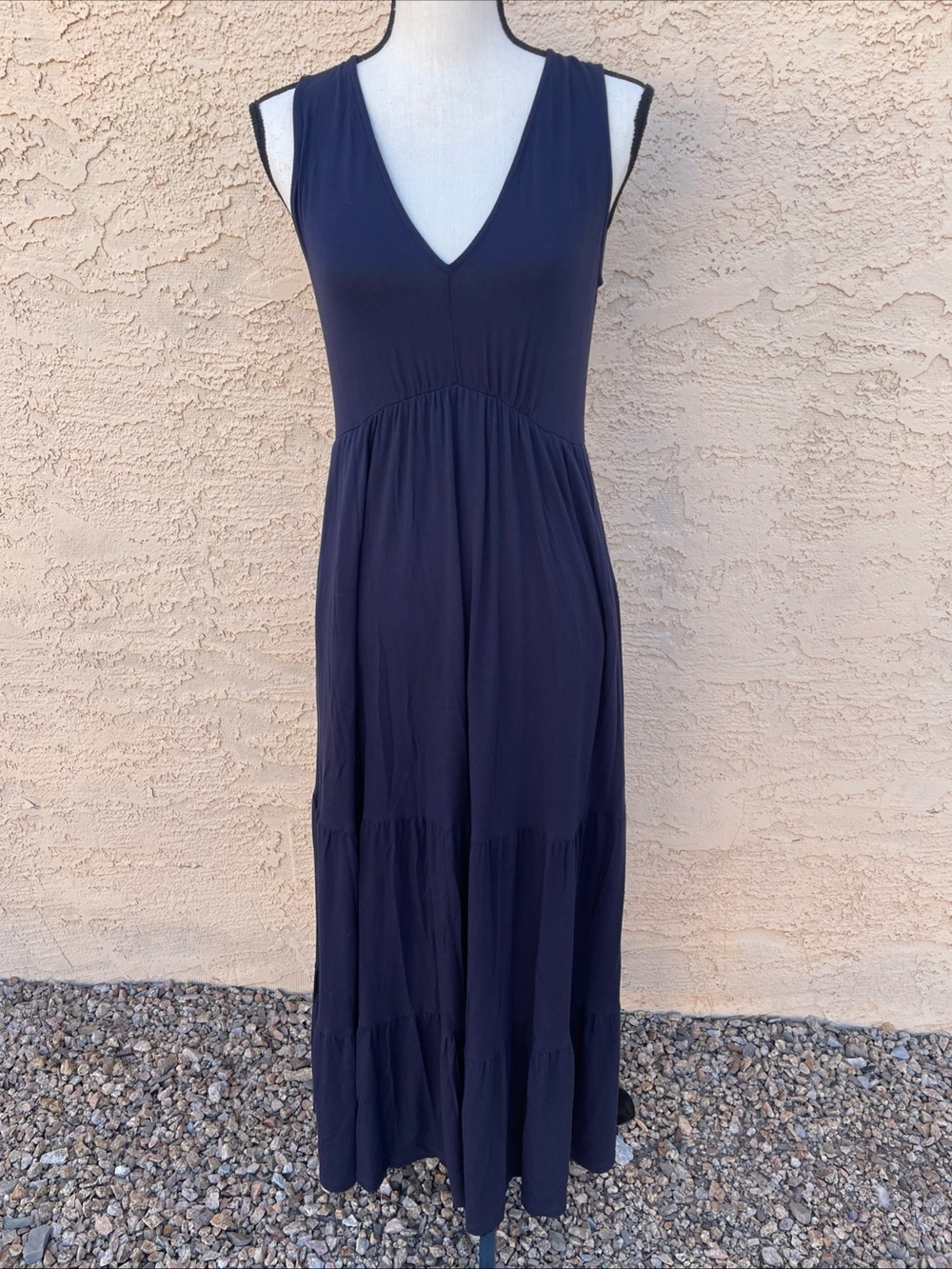 Boden maxi dress tiered jersey sleeveless v-neck minimal lagenlook navy 4R